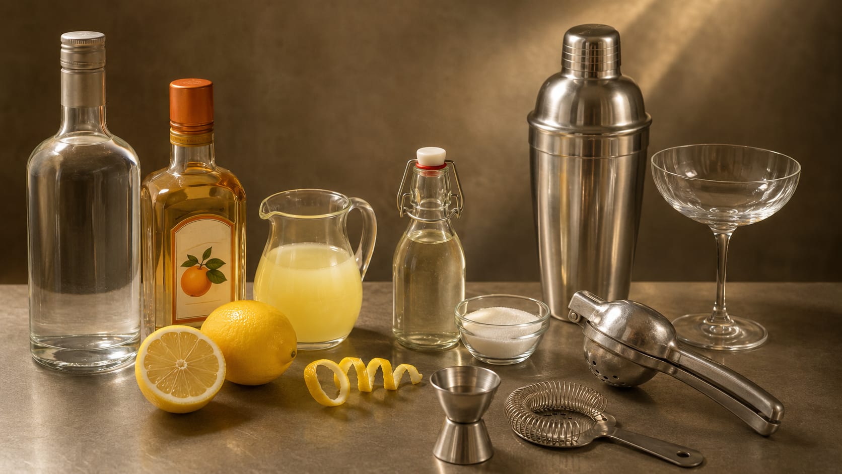 Ingredients and tools to make Lemon Drop Martini