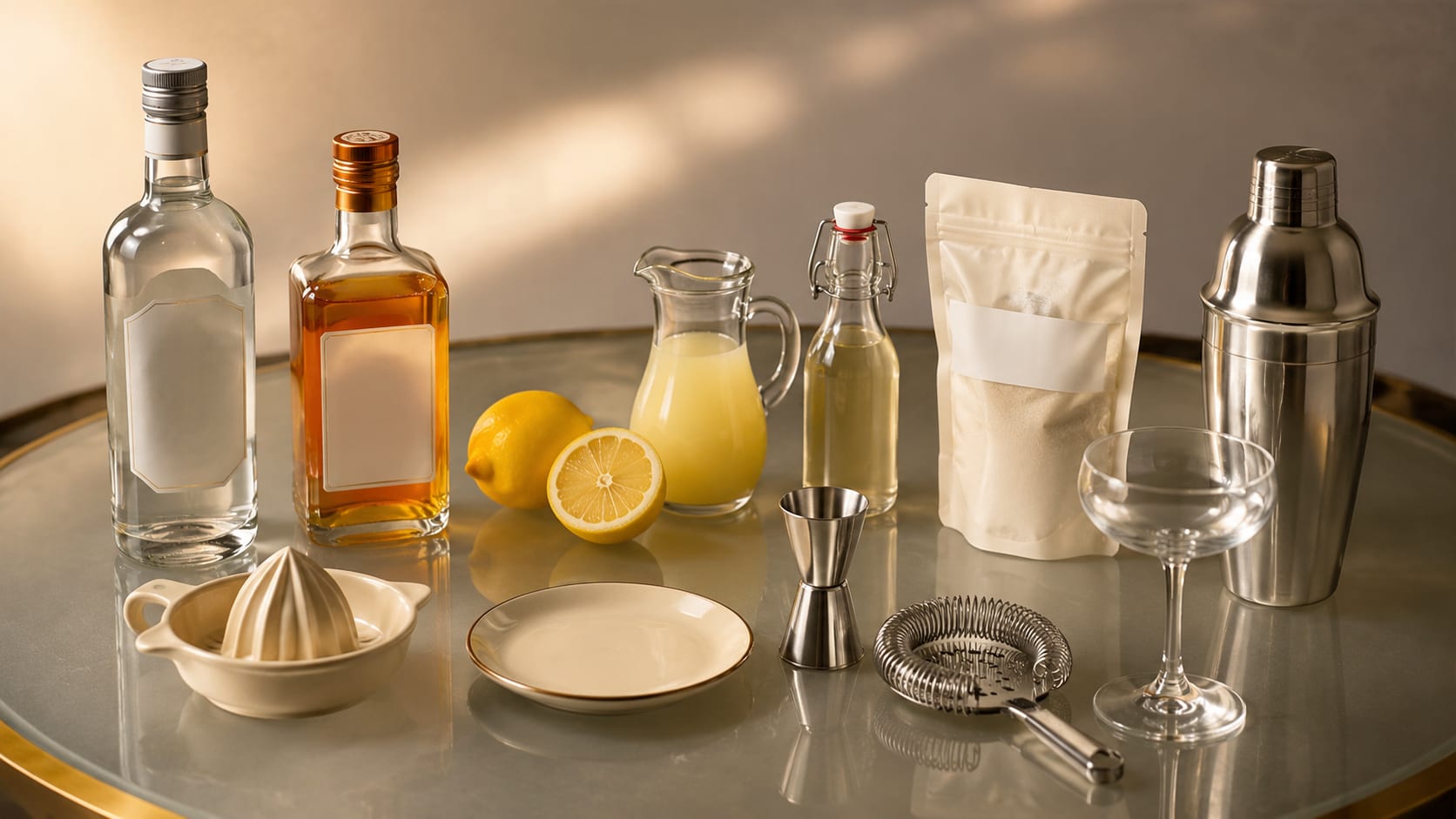 Ingredients and tools to make Lemon Drop