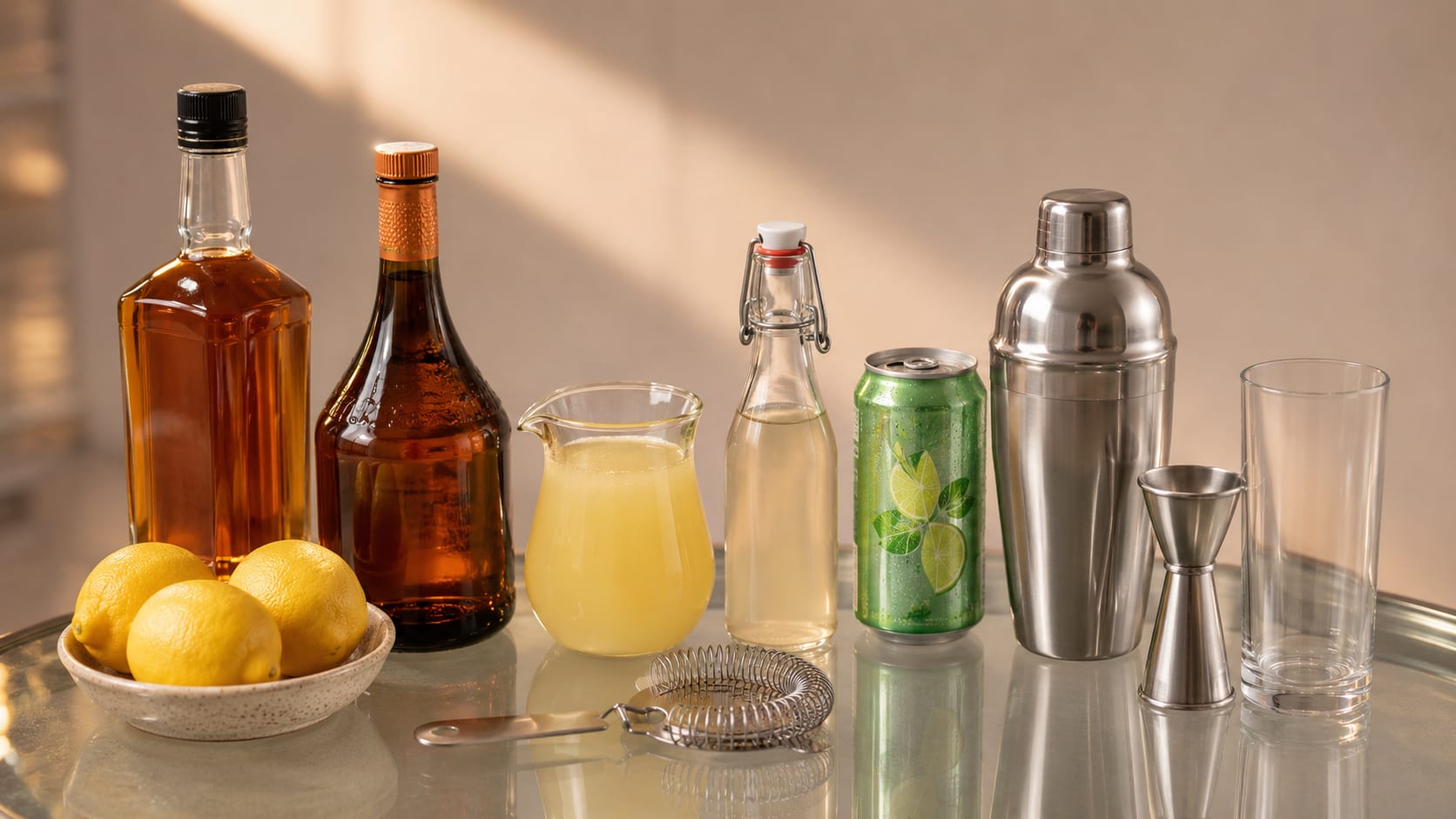 Ingredients and tools to make Lynchburg Lemonade