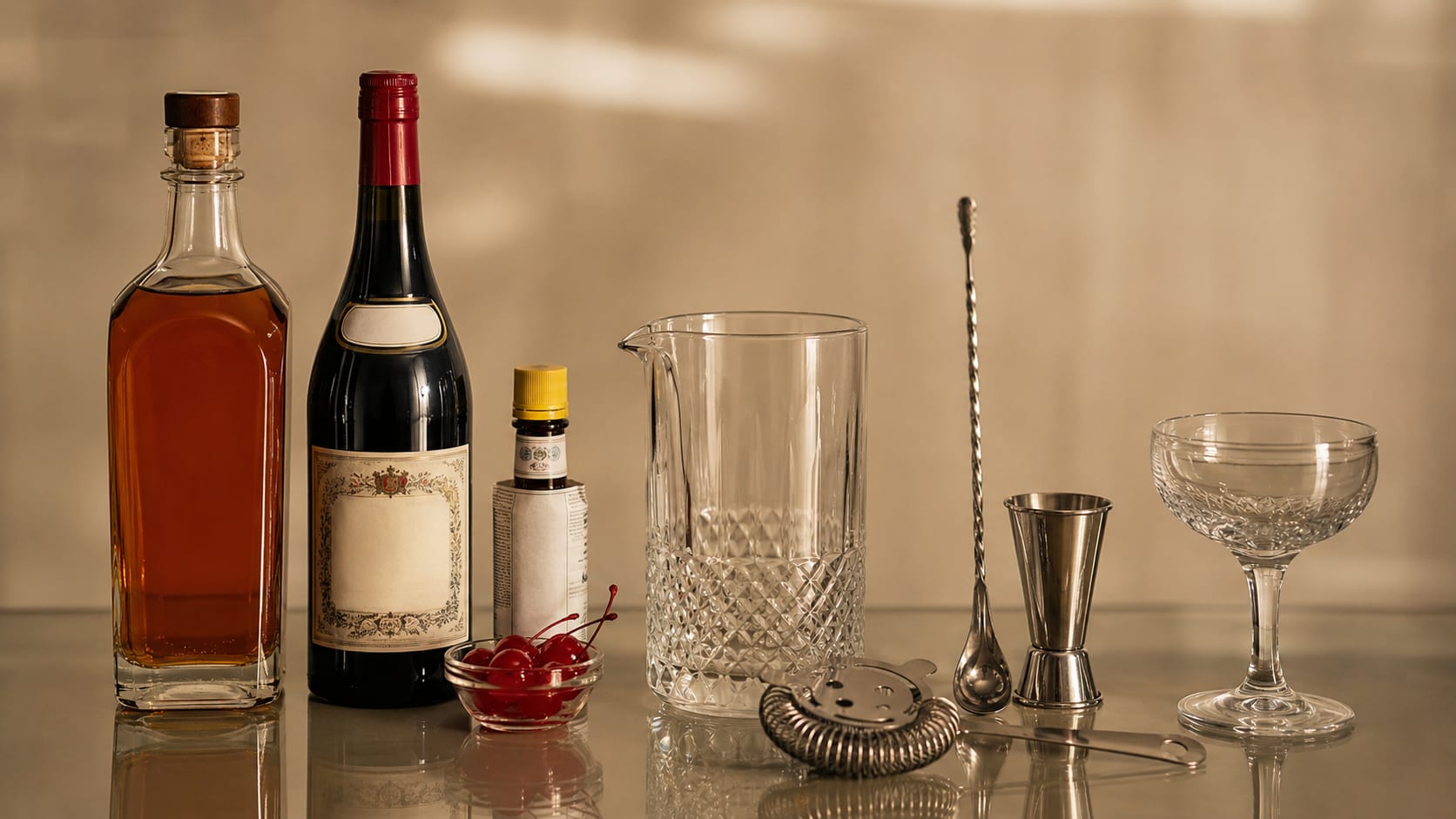 Ingredients and tools to make Manhattan