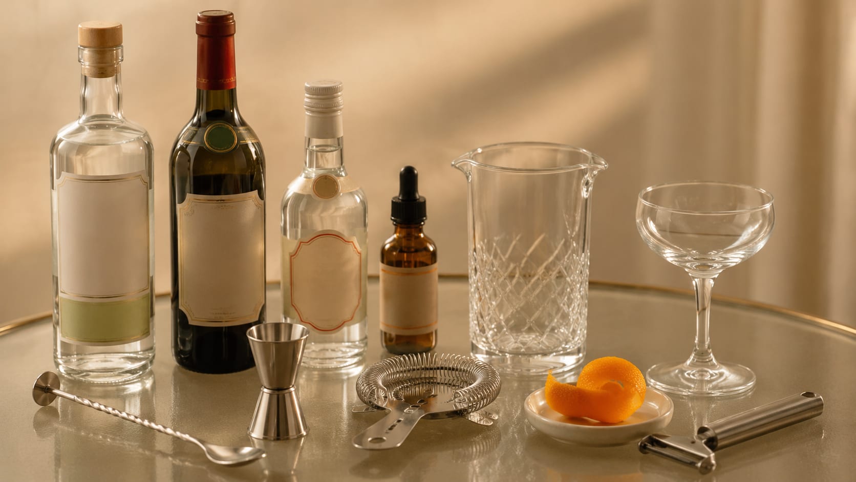 Ingredients and tools to make Martinez