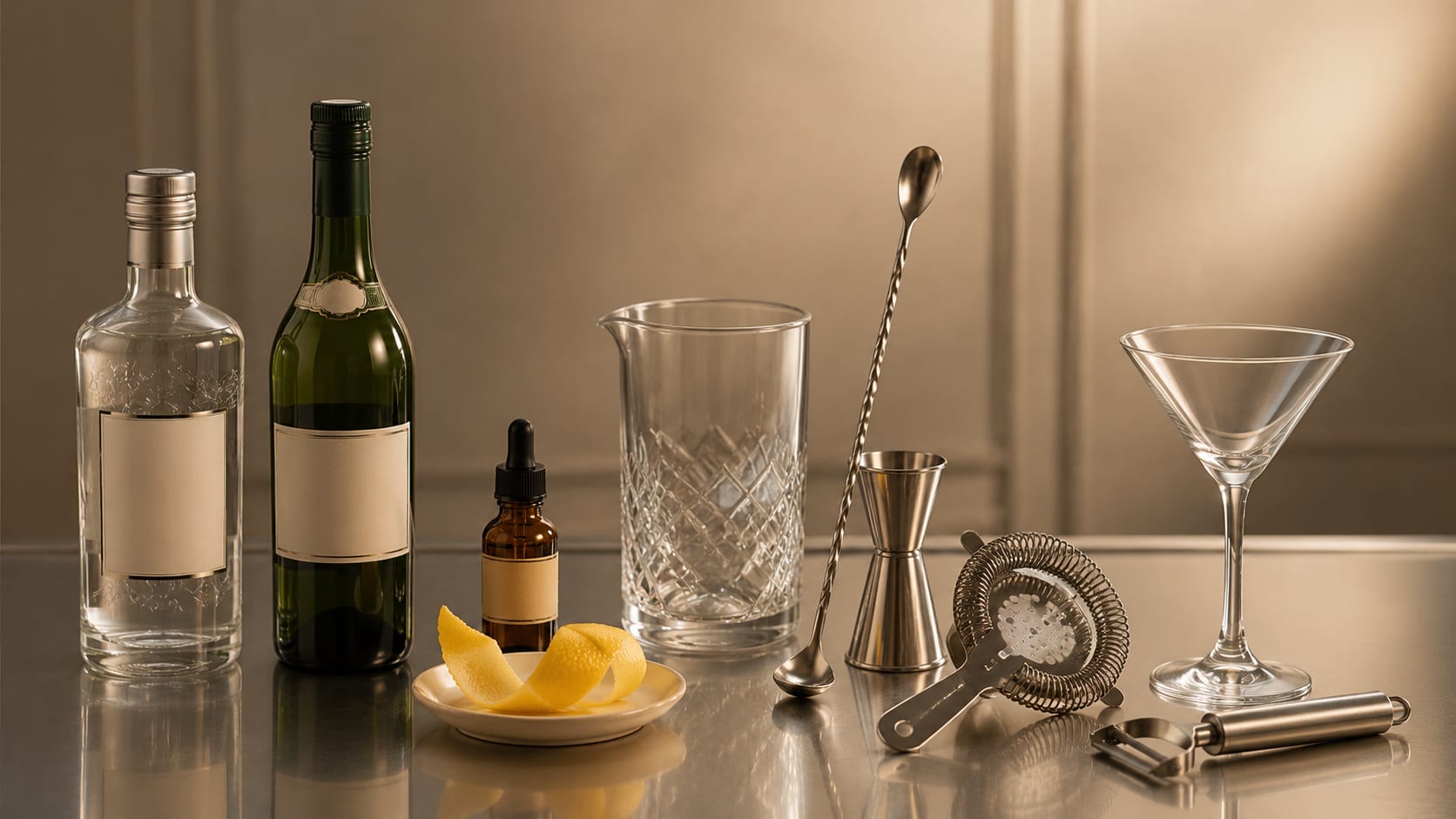 Ingredients and tools to make Martini