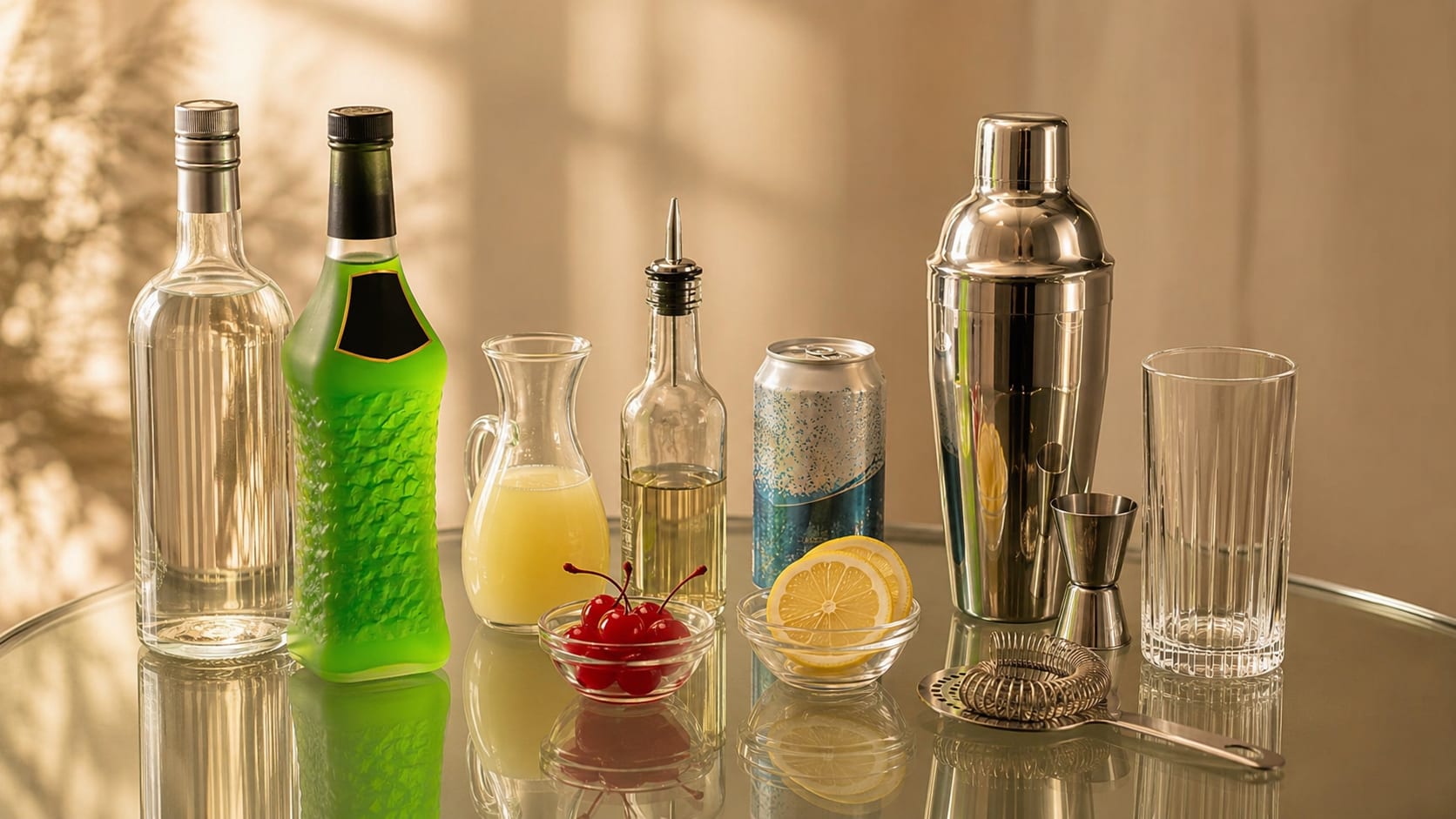 Ingredients and tools to make Midori Sour