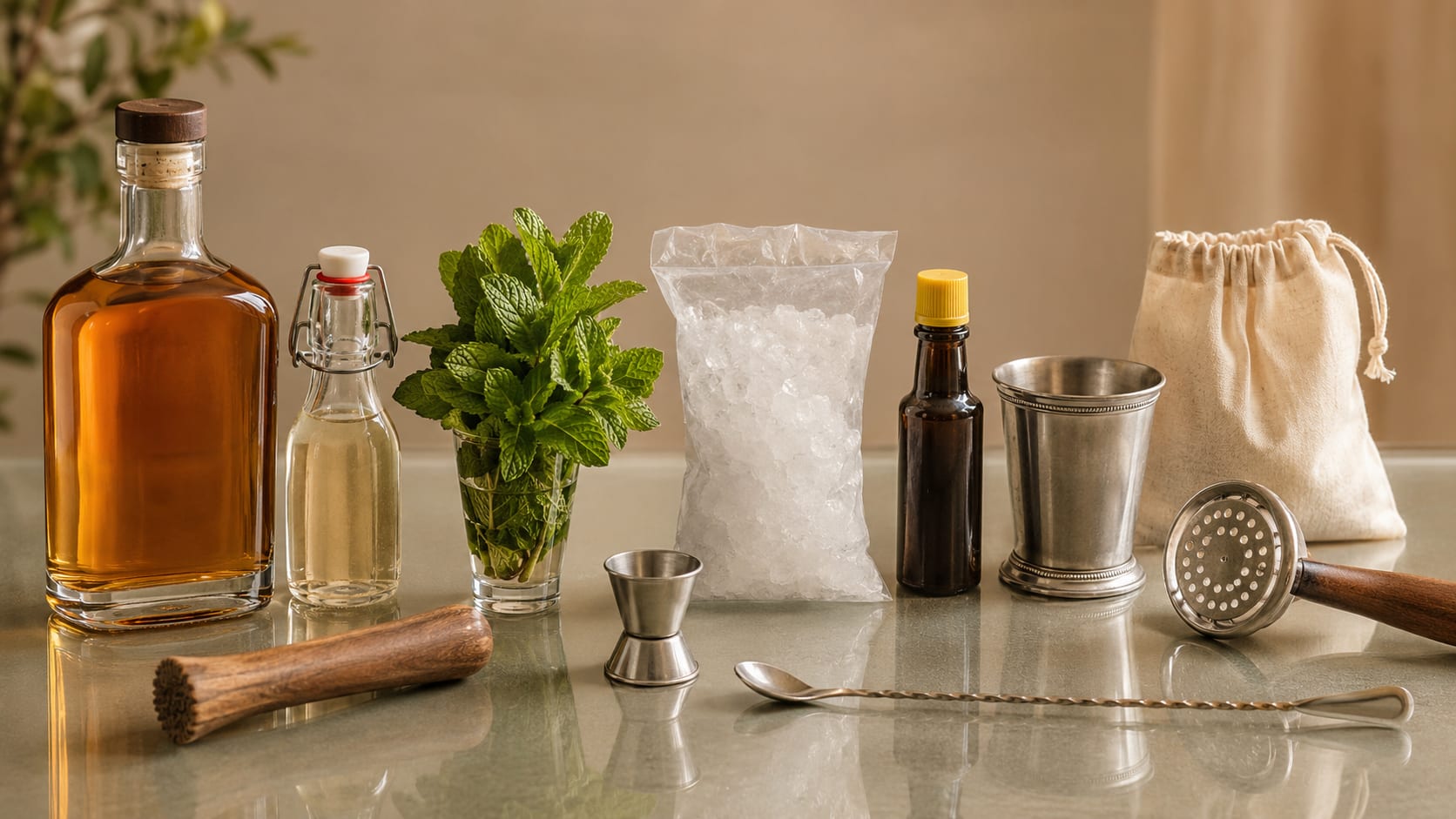 Ingredients and tools to make Mint Julep