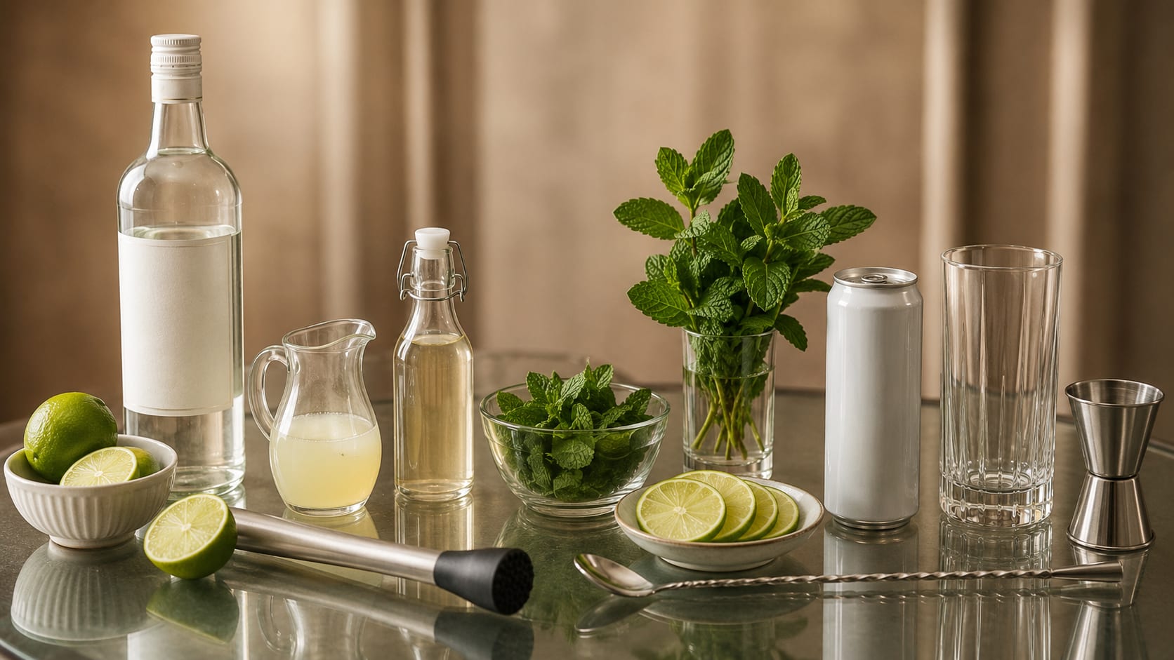 Ingredients and tools to make Mojito
