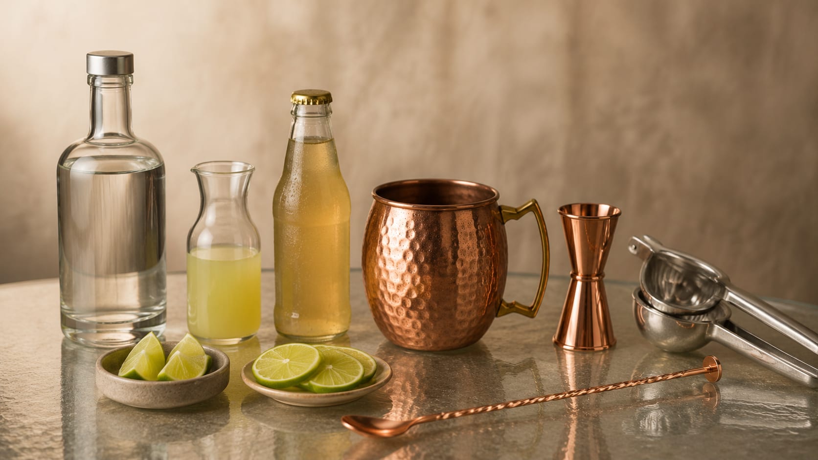 Ingredients and tools to make Moscow Mule