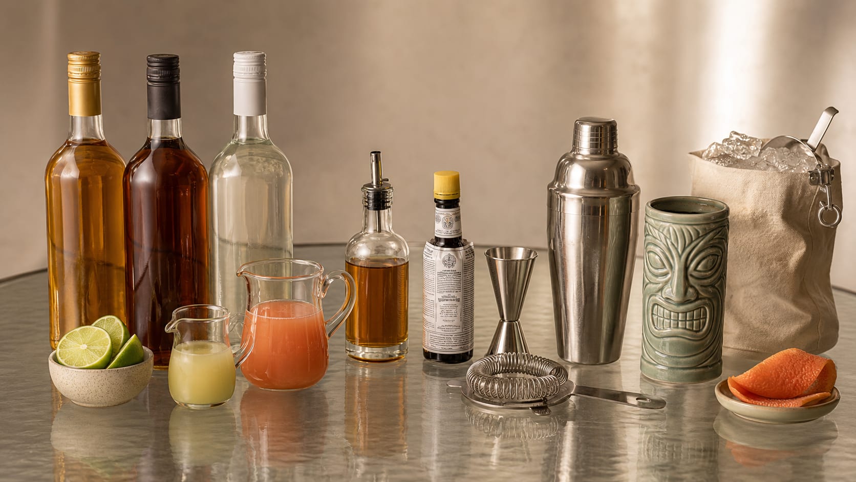 Ingredients and tools to make Navy Grog
