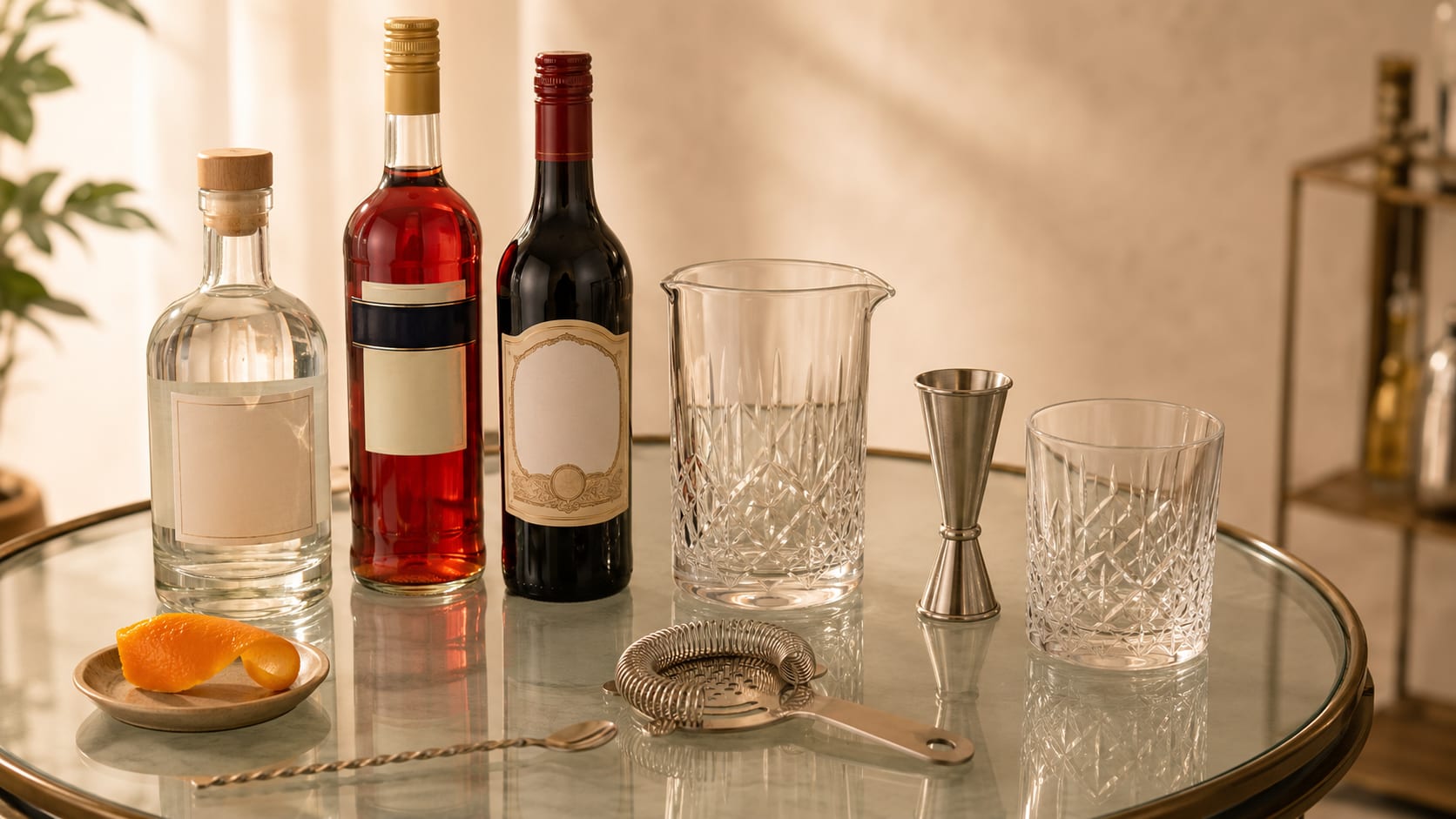 Ingredients and tools to make Negroni