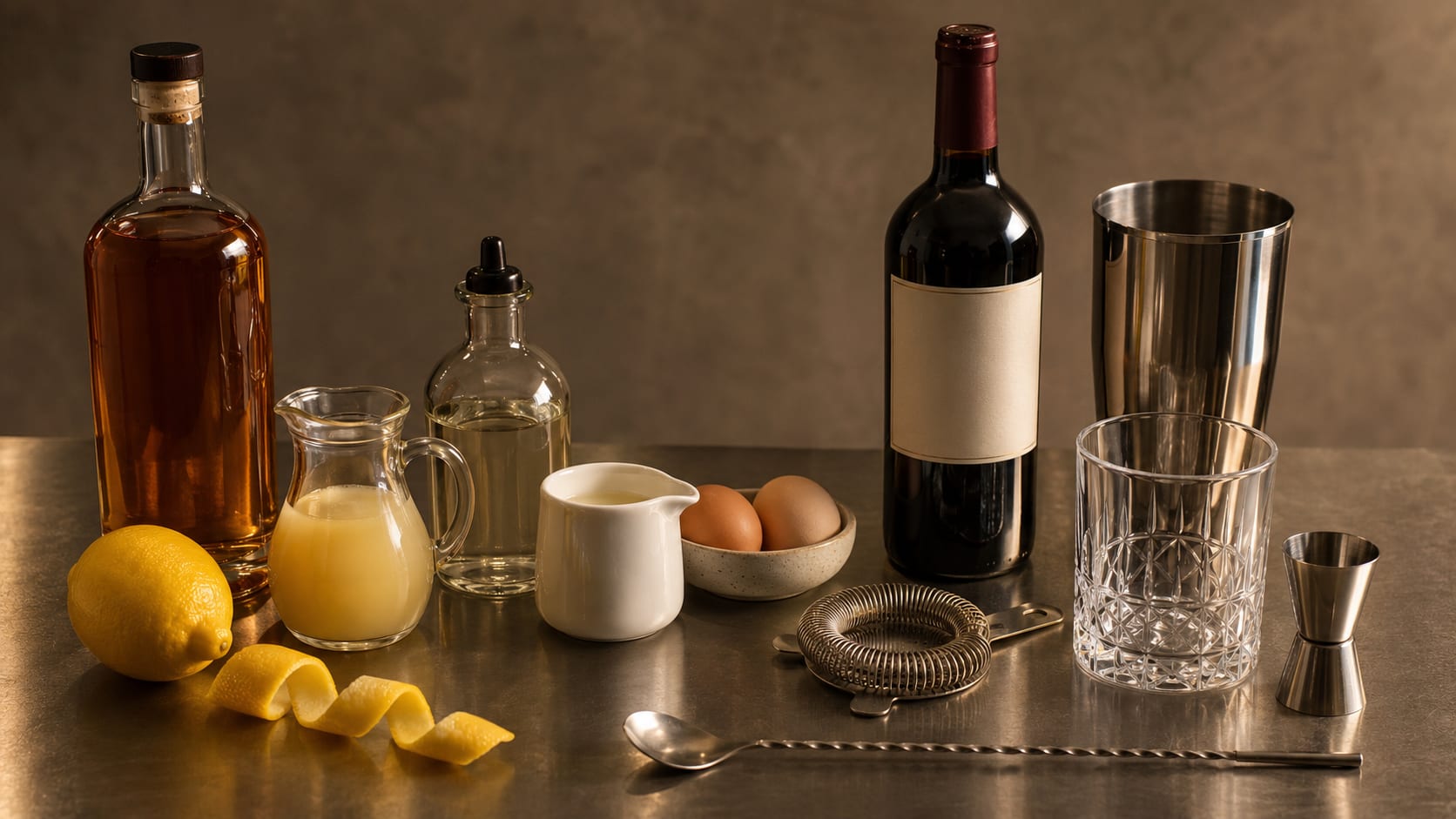Ingredients and tools to make New York Sour