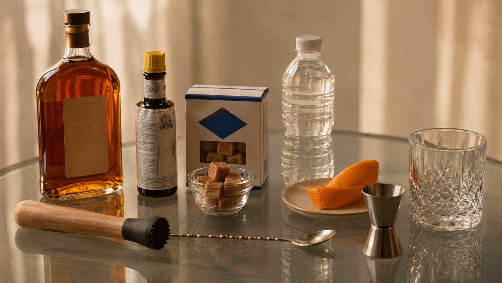 Ingredients and tools to make Old Fashioned
