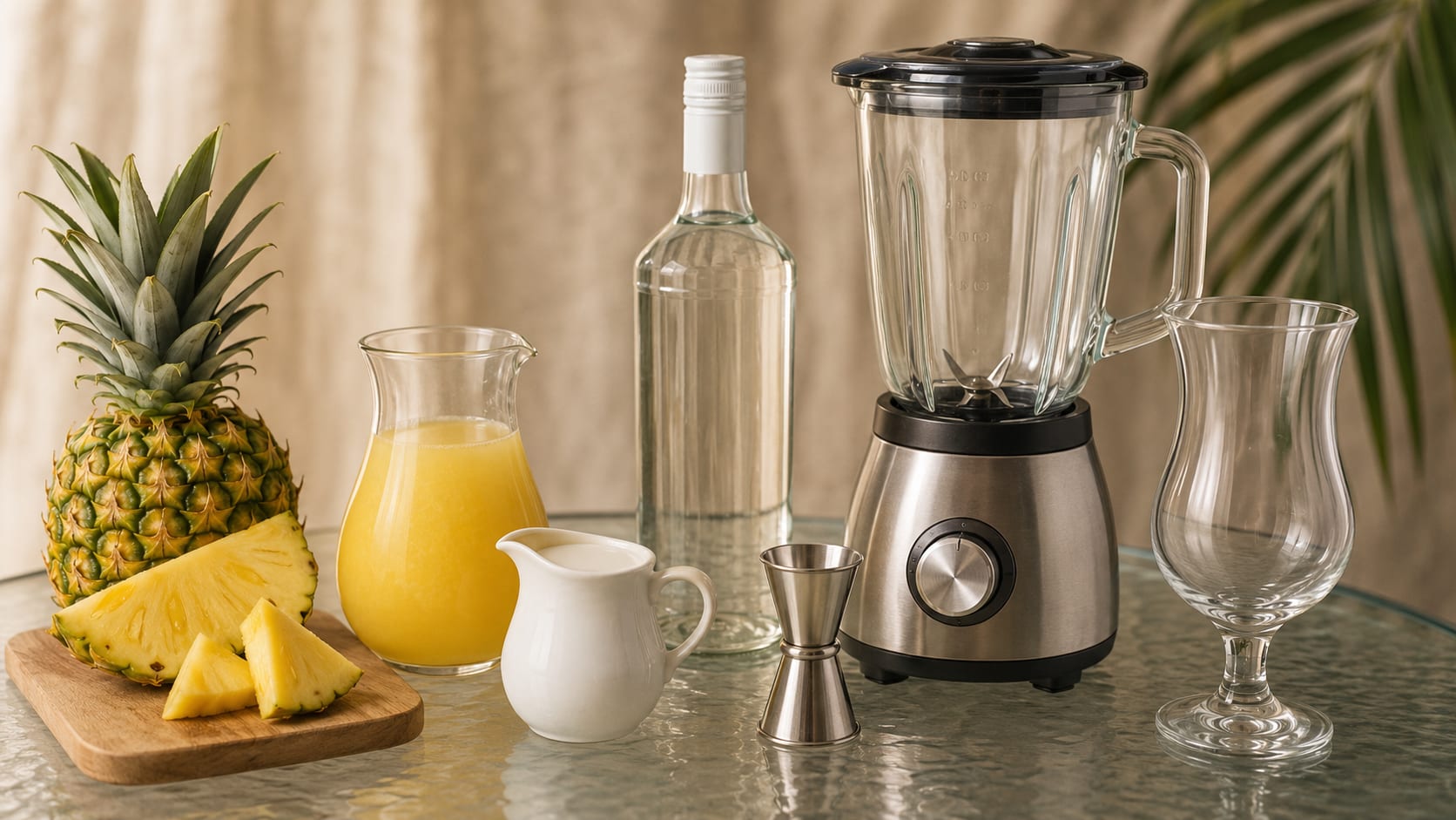 Ingredients and tools to make Piña Colada