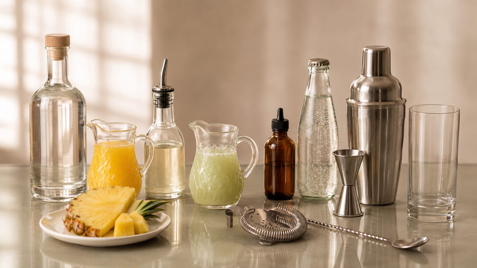 Ingredients and tools to make Pisco Punch