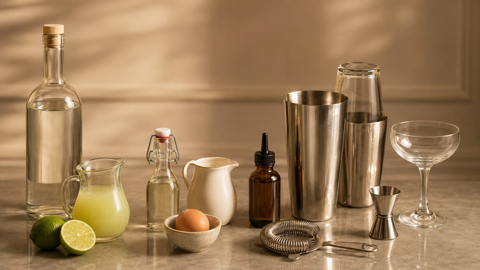 Ingredients and tools to make Pisco Sour