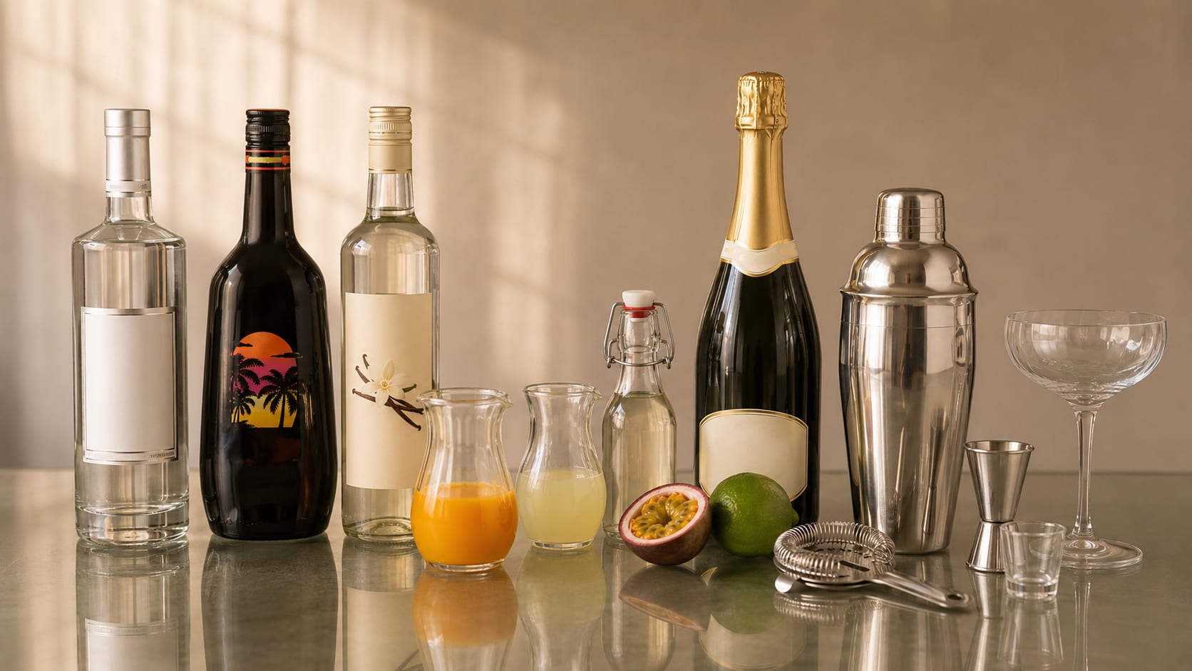 Ingredients and tools to make Porn Star Martini