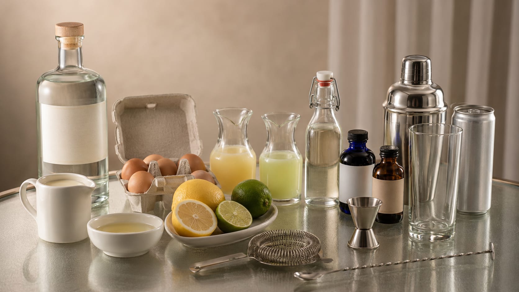 Ingredients and tools to make Ramos Gin Fizz