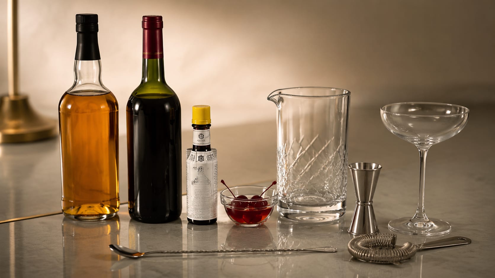 Ingredients and tools to make Rob Roy