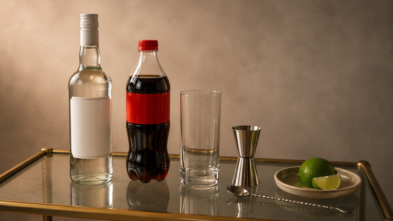 Ingredients and tools to make Rum and Coke
