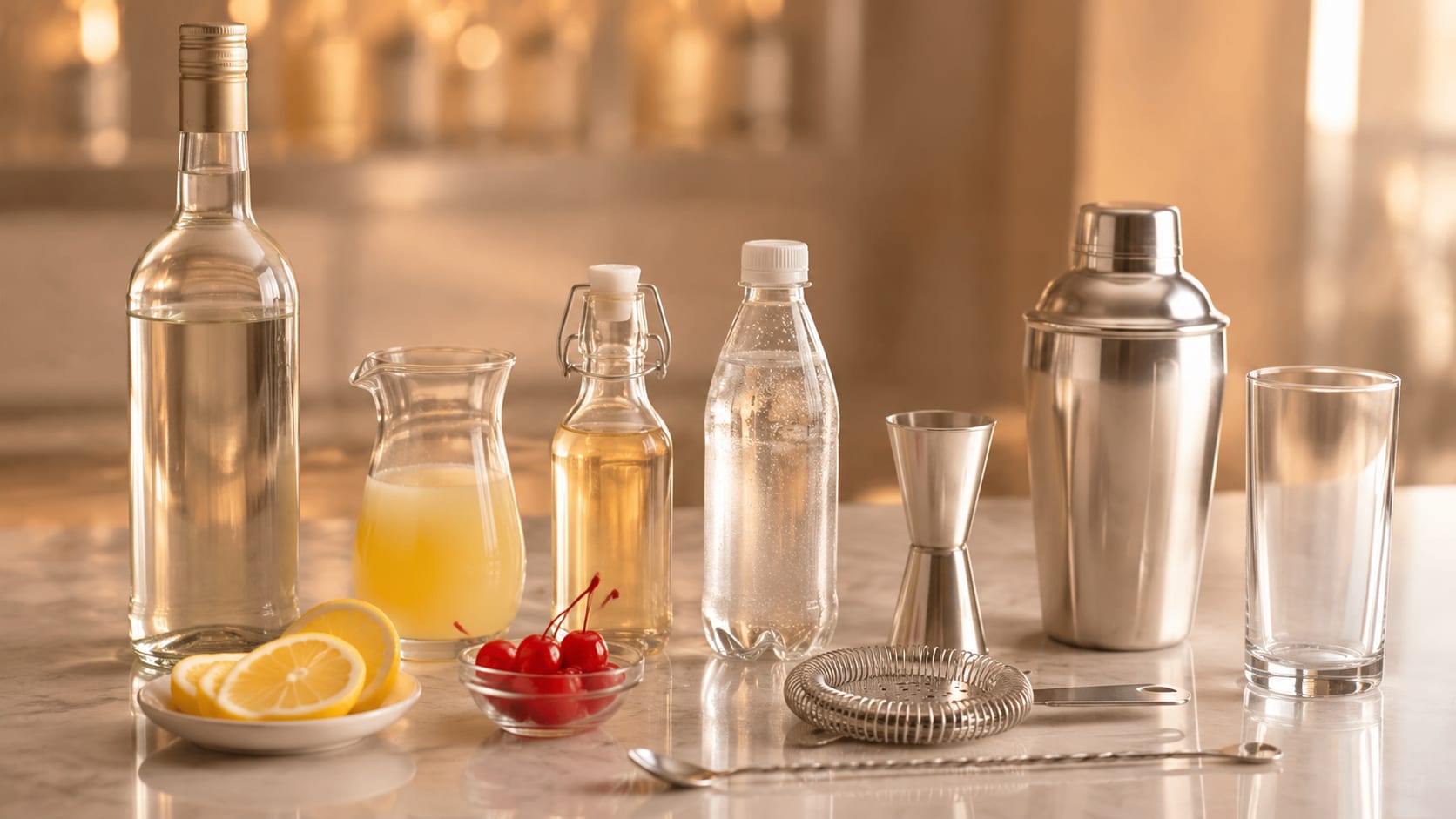 Ingredients and tools to make Rum Collins