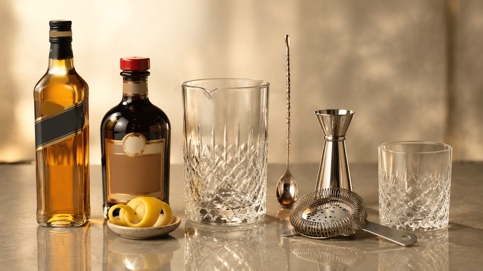 Ingredients and tools to make Rusty Nail