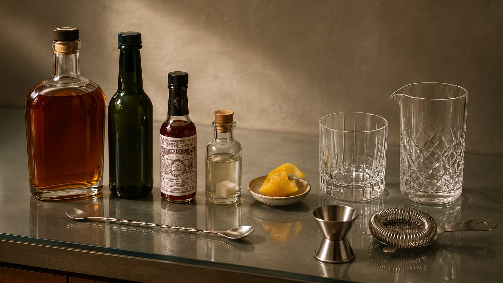Ingredients and tools to make Sazerac