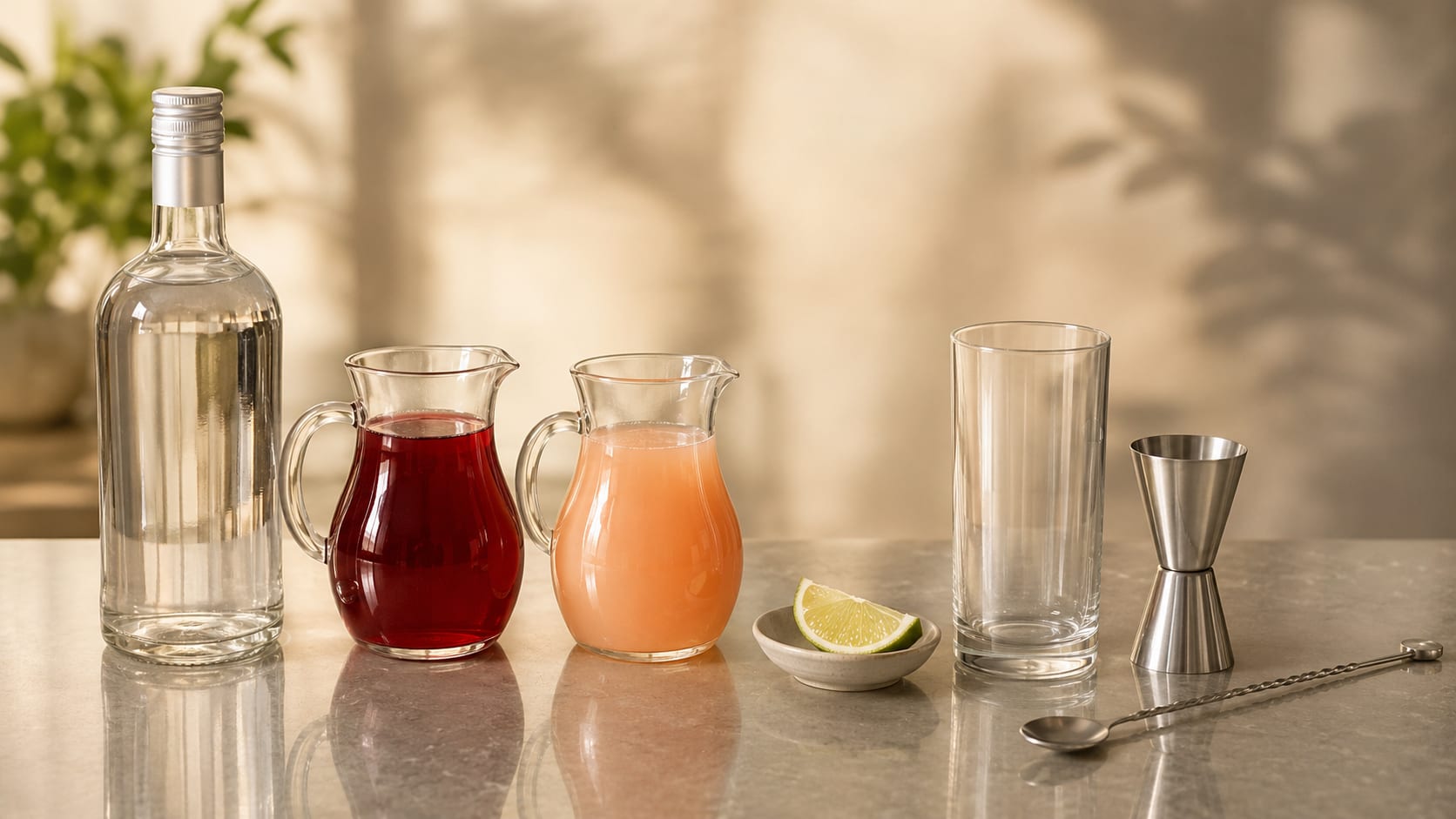 Ingredients and tools to make Sea Breeze