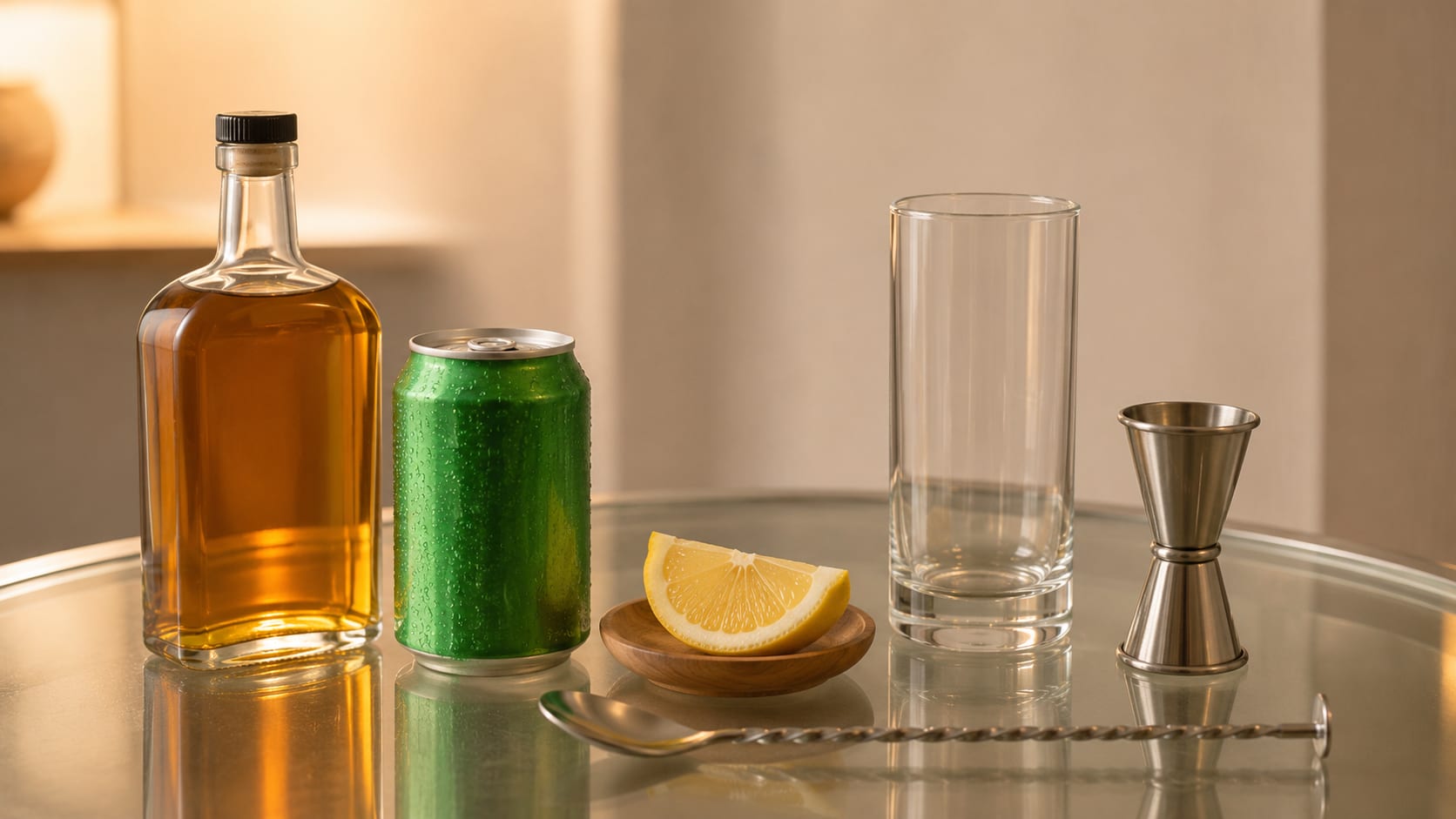 Ingredients and tools to make Seven and Seven