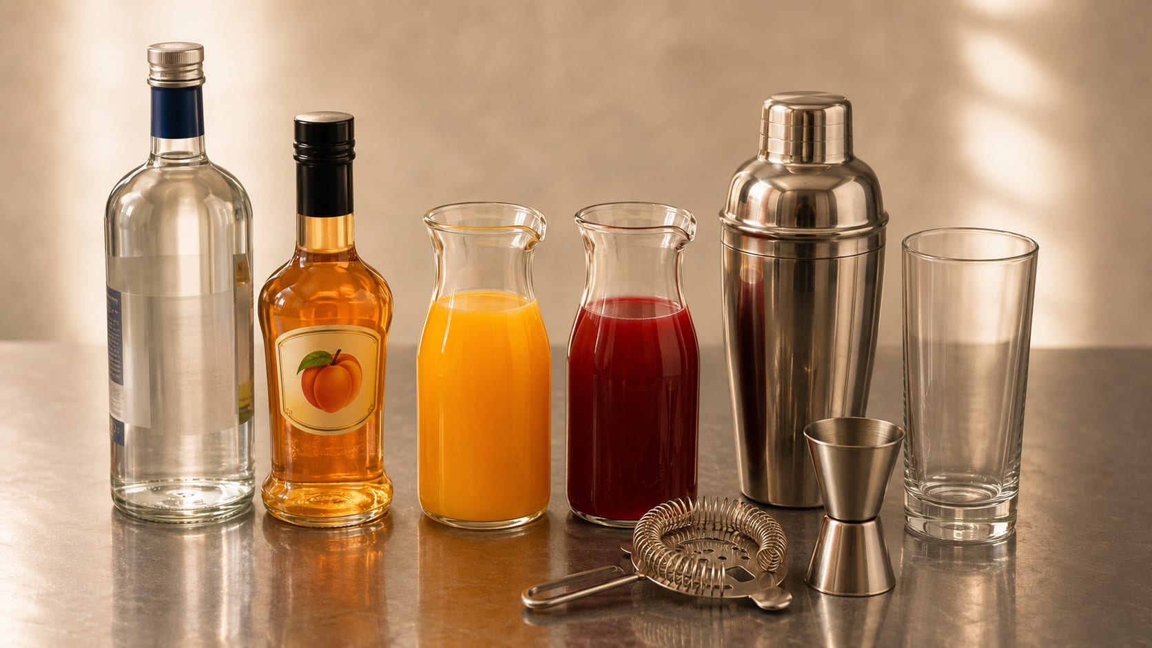 Ingredients and tools to make Sex on the Beach