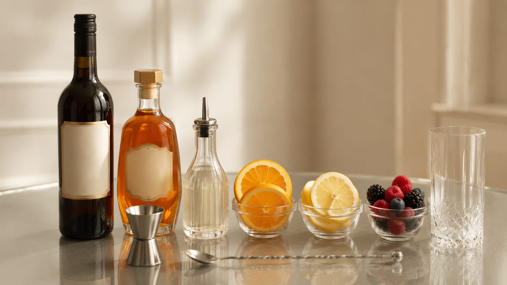 Ingredients and tools to make Sherry Cobbler
