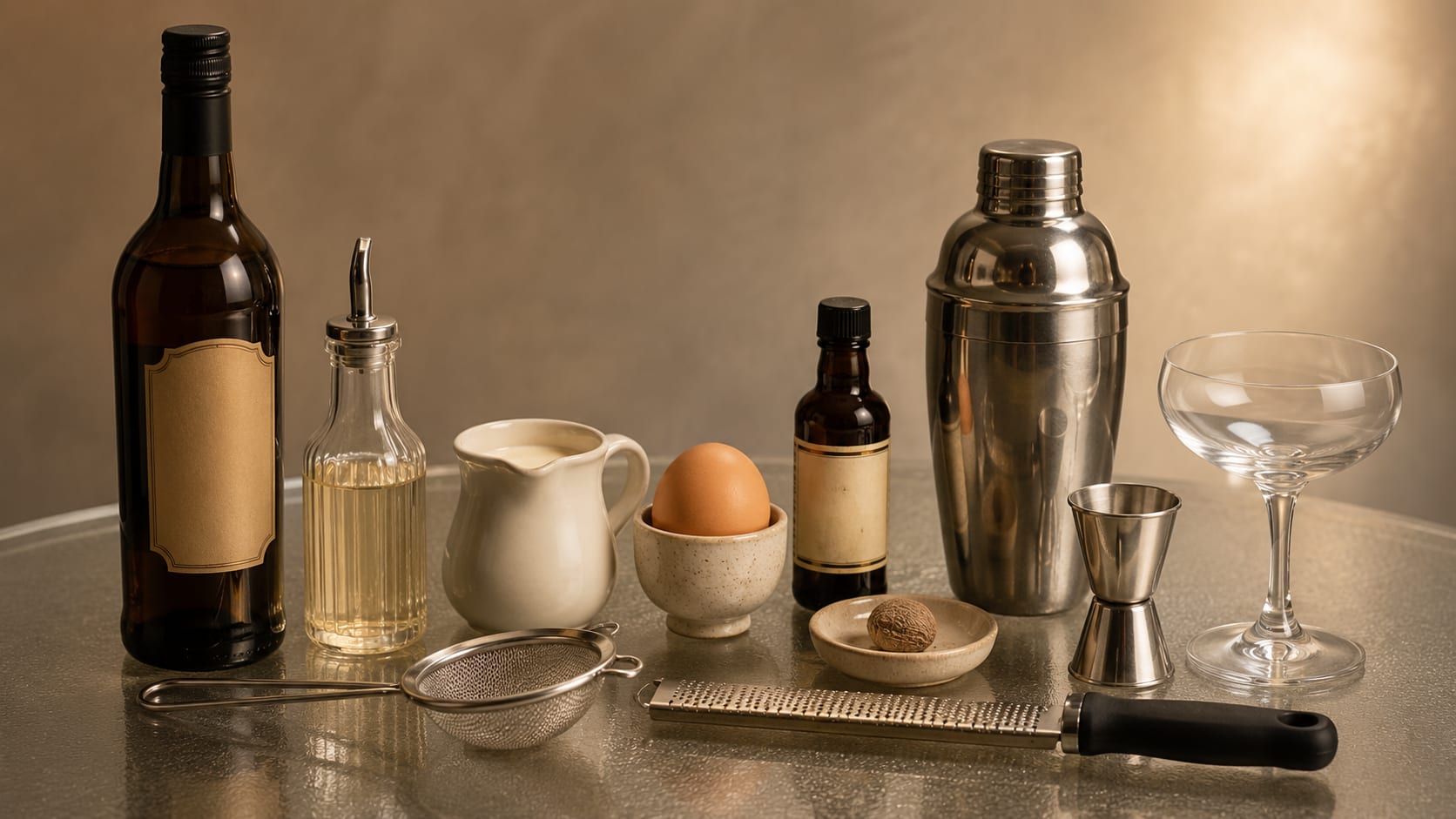 Ingredients and tools to make Sherry Flip