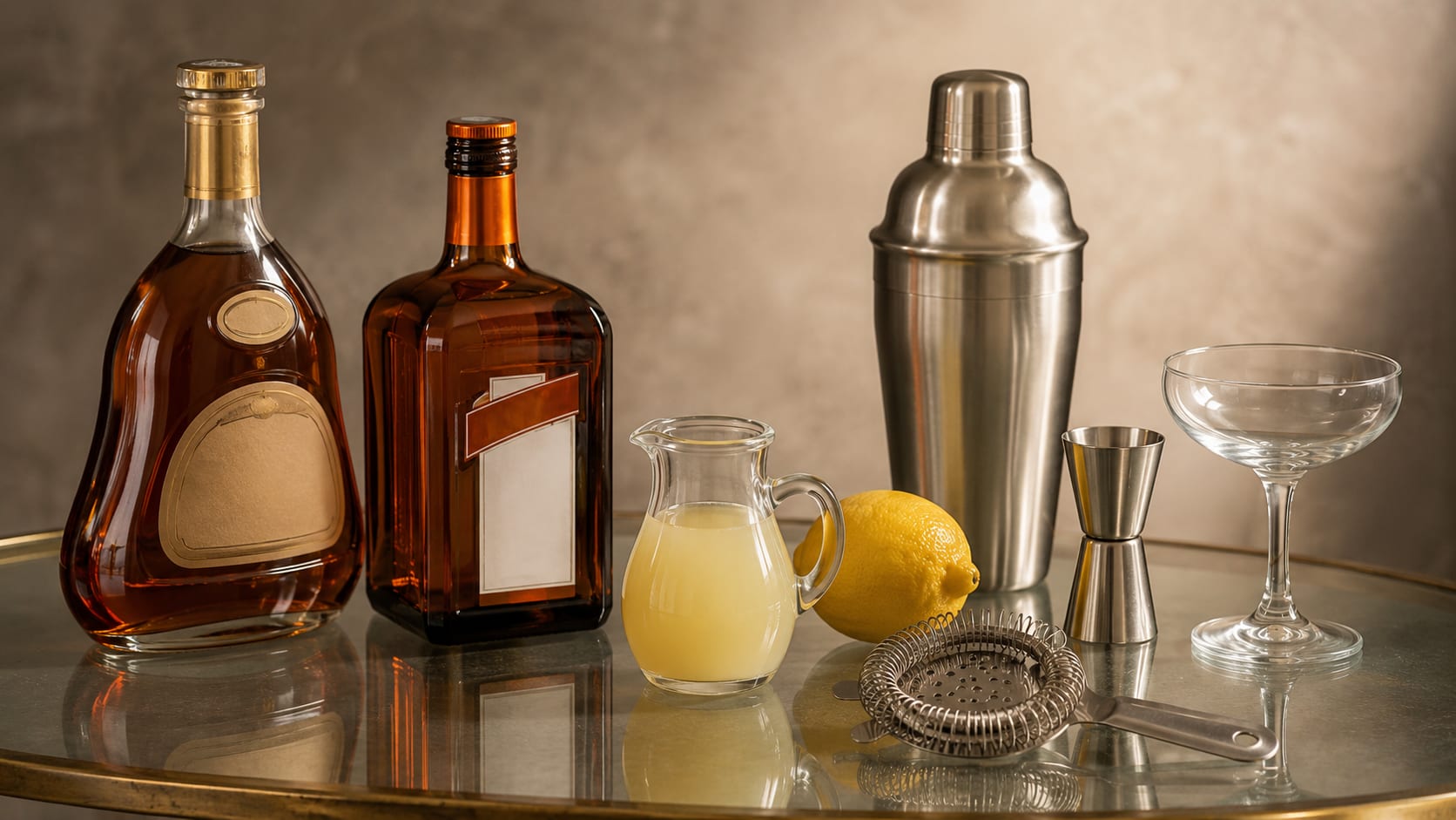 Ingredients and tools to make Sidecar