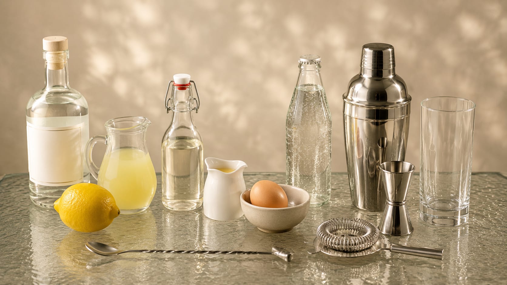 Ingredients and tools to make Silver Fizz