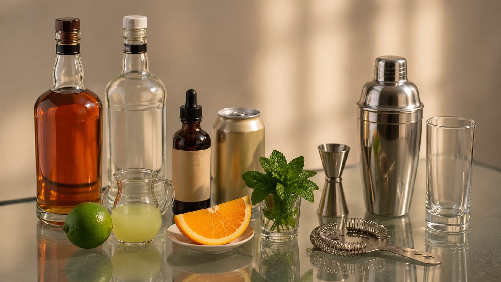 Ingredients and tools to make Suffering Bastard