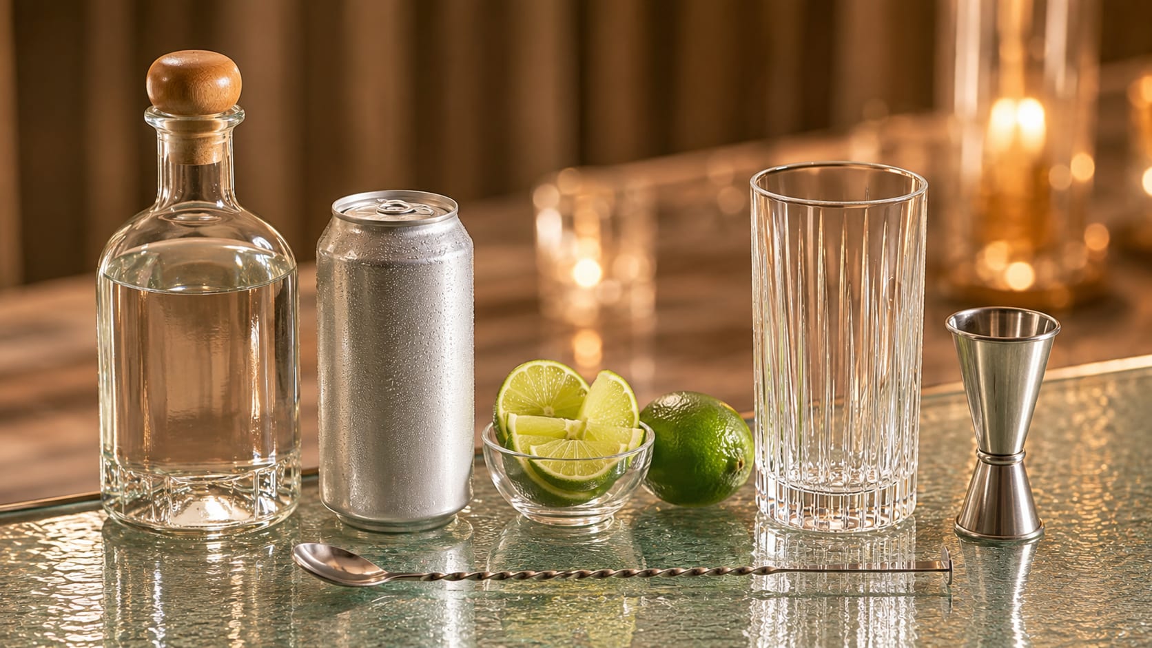Ingredients and tools to make Tequila and Tonic