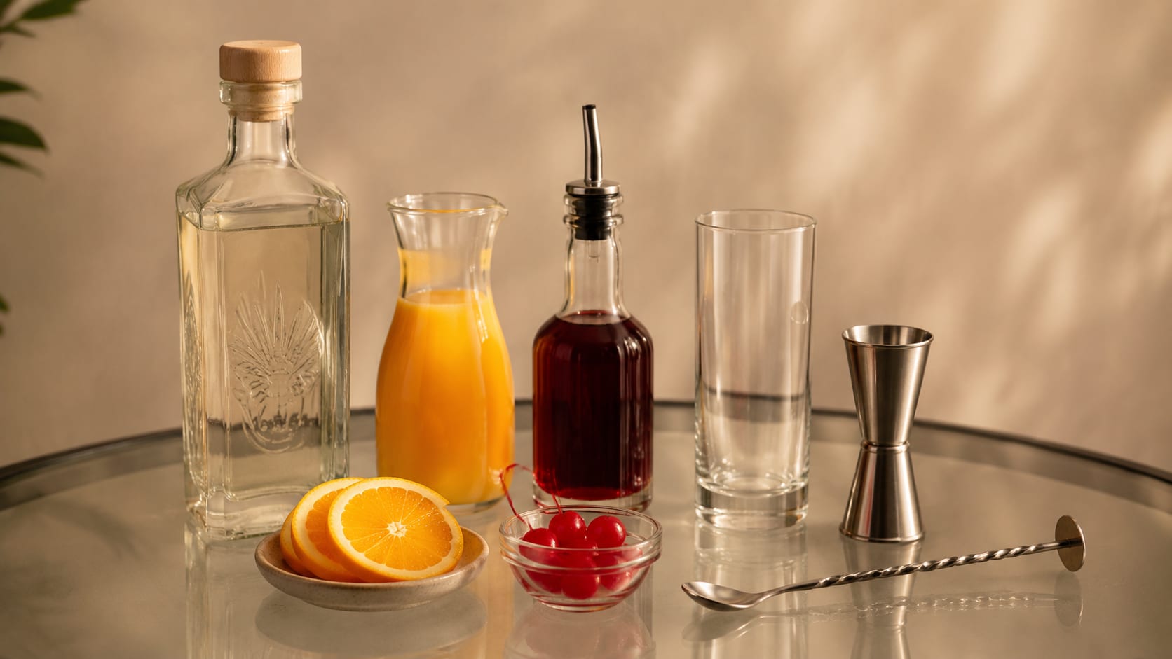Ingredients and tools to make Tequila Sunrise