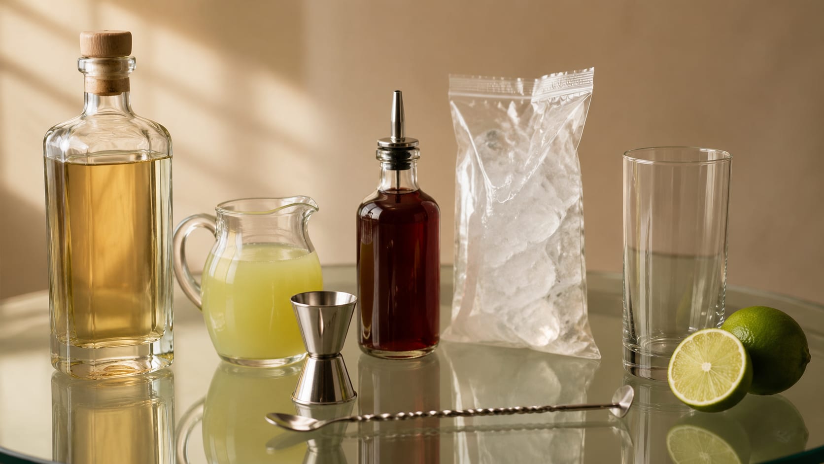 Ingredients and tools to make Tequila Sunset