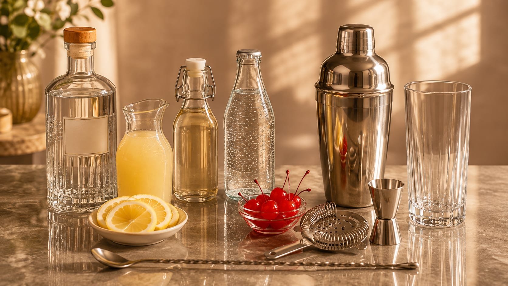 Ingredients and tools to make Tom Collins