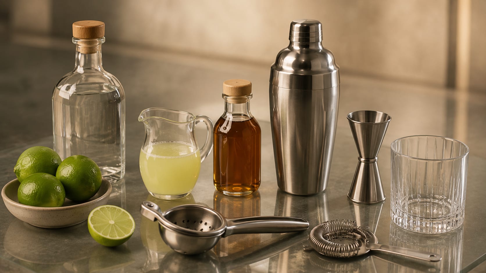 Ingredients and tools to make Tommy's Margarita