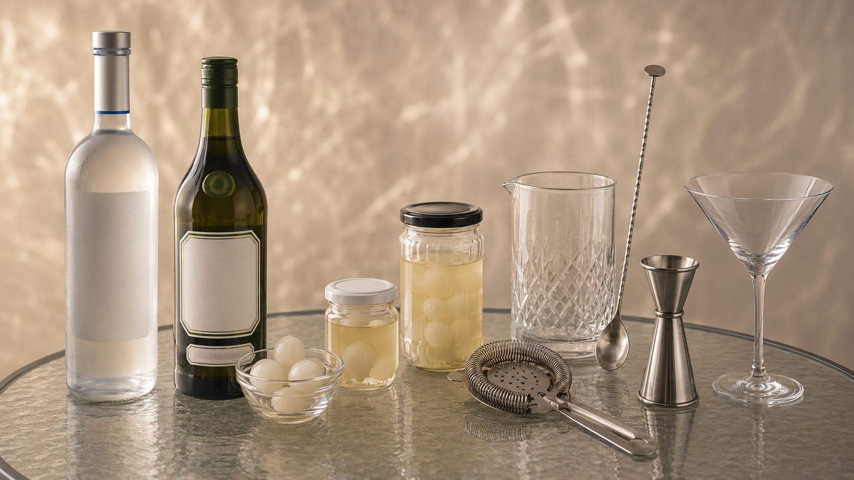 Ingredients and tools to make Vodka Gibson