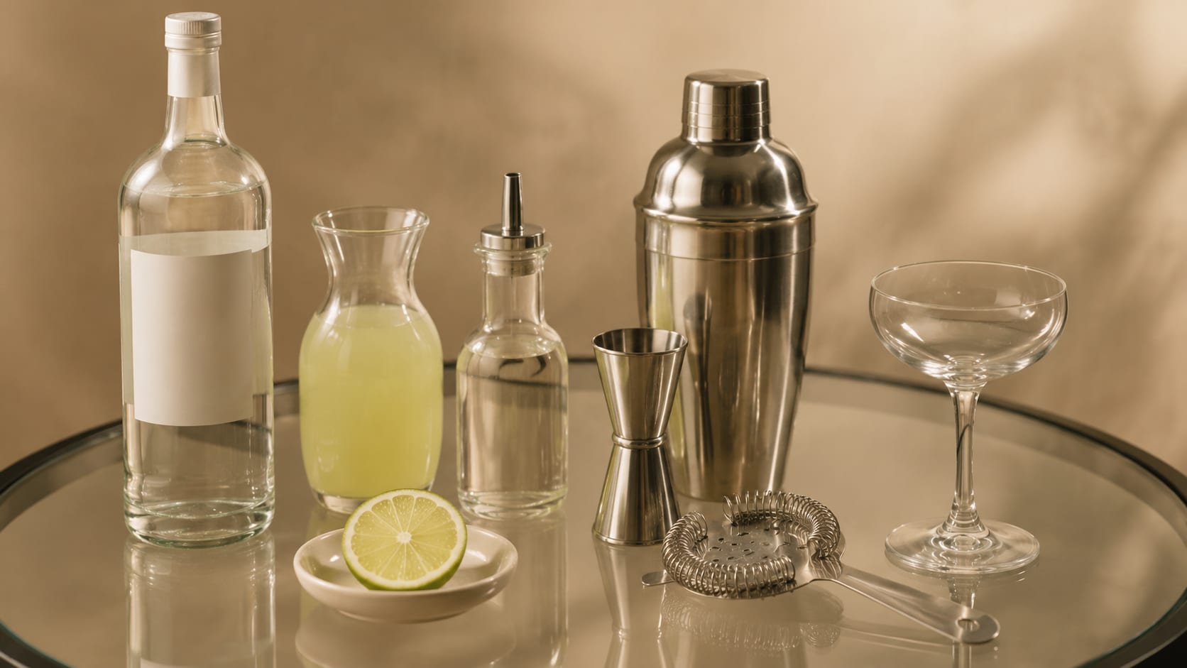 Ingredients and tools to make Vodka Gimlet