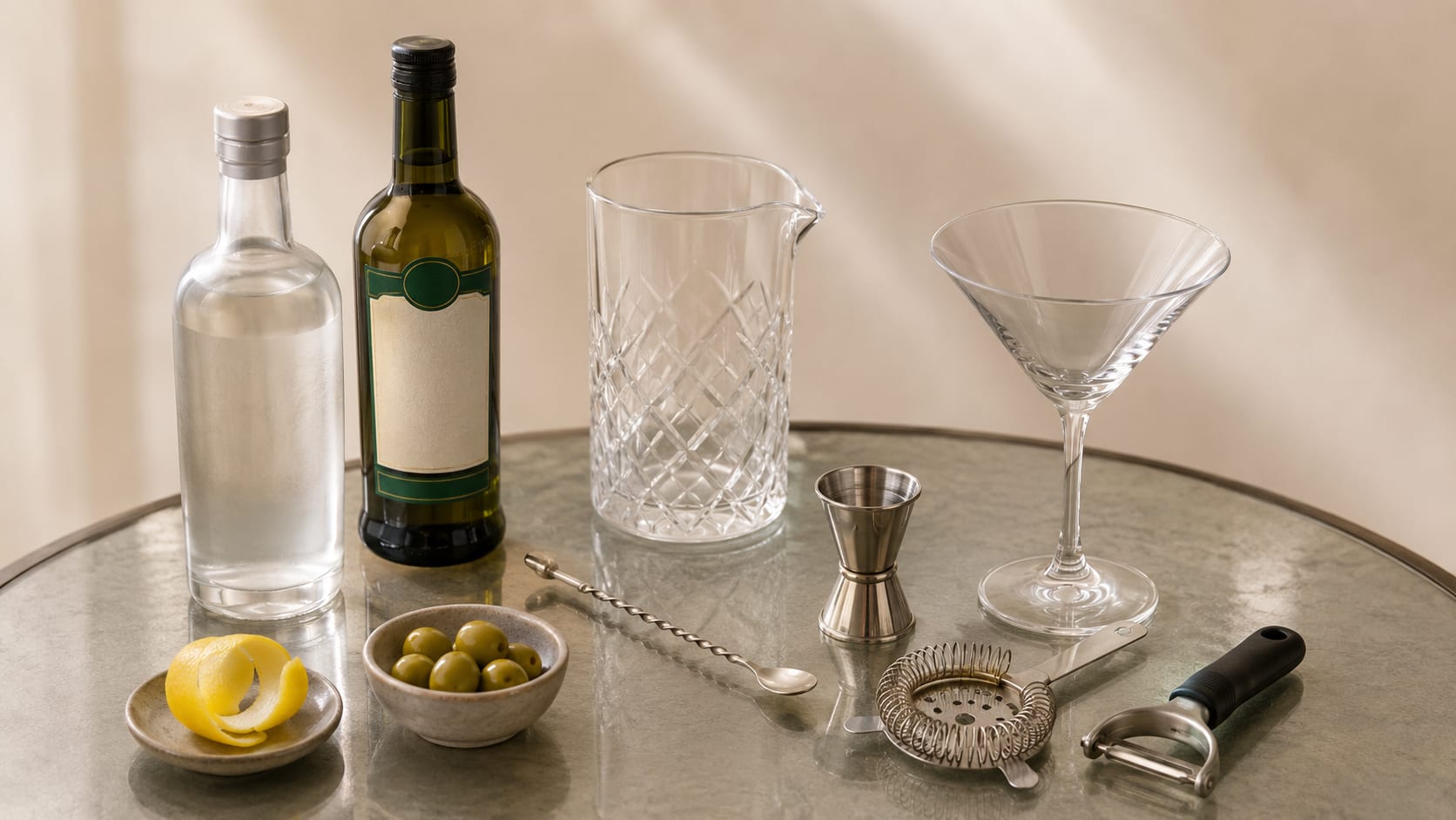 Ingredients and tools to make Vodka Martini