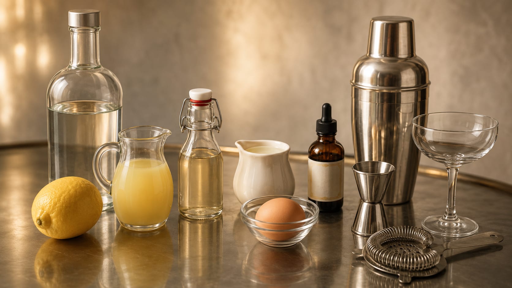 Ingredients and tools to make Vodka Sour