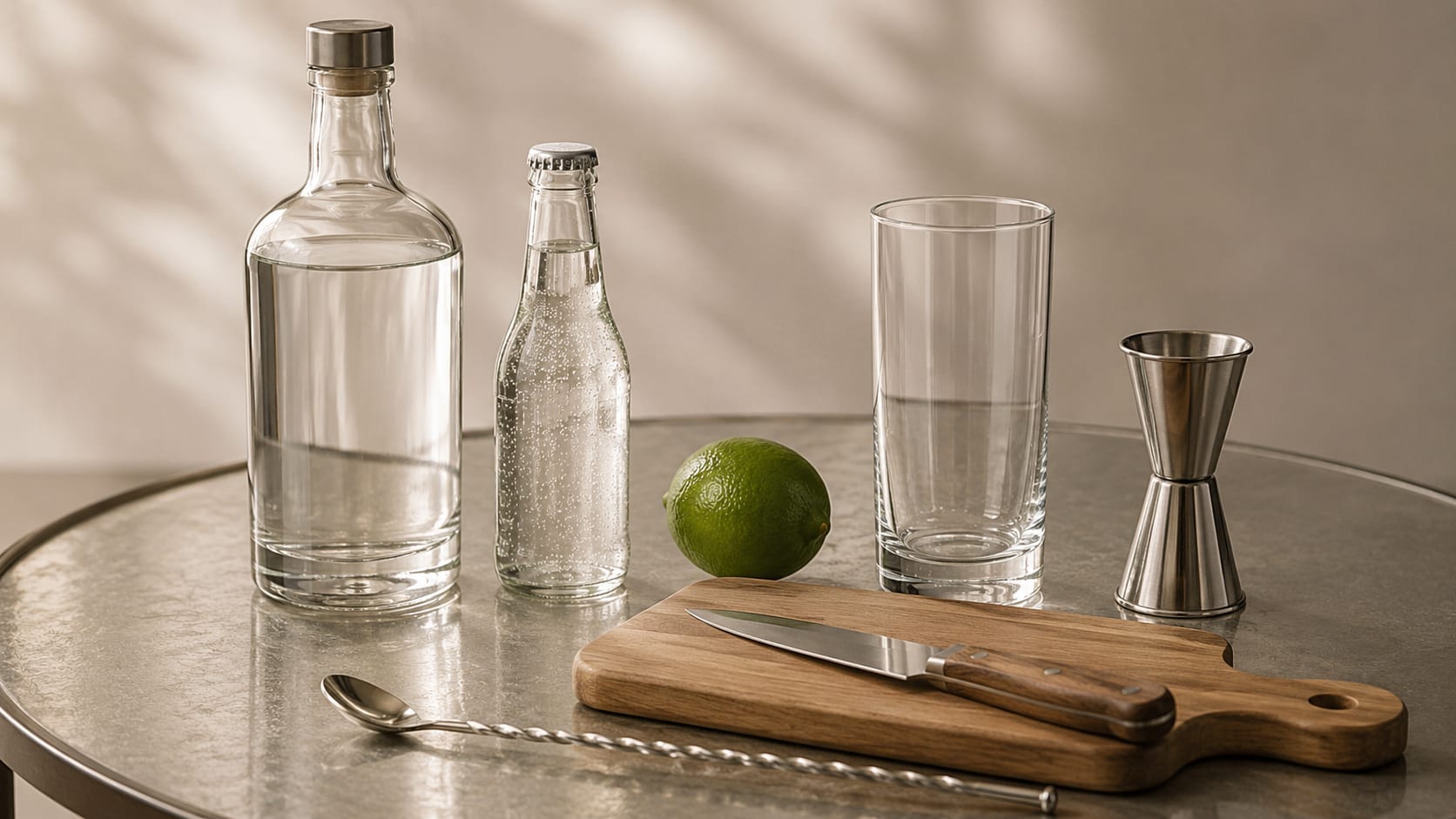Ingredients and tools to make Vodka Tonic