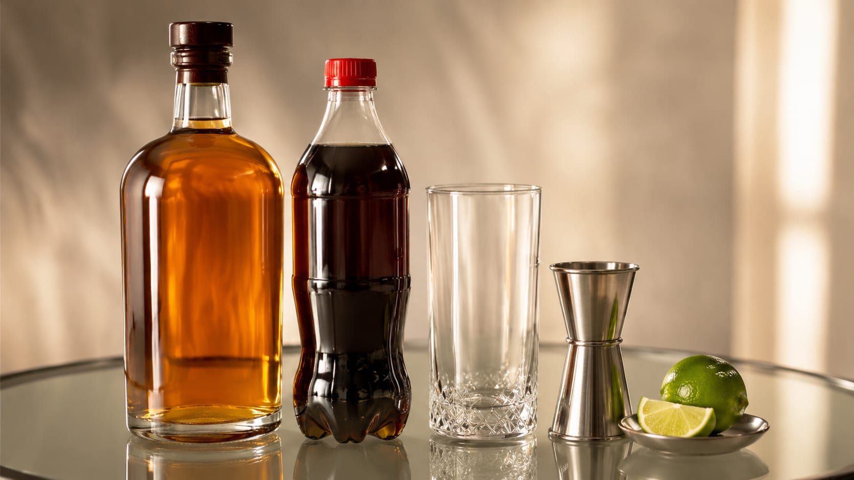 Ingredients and tools to make Whiskey and Coke