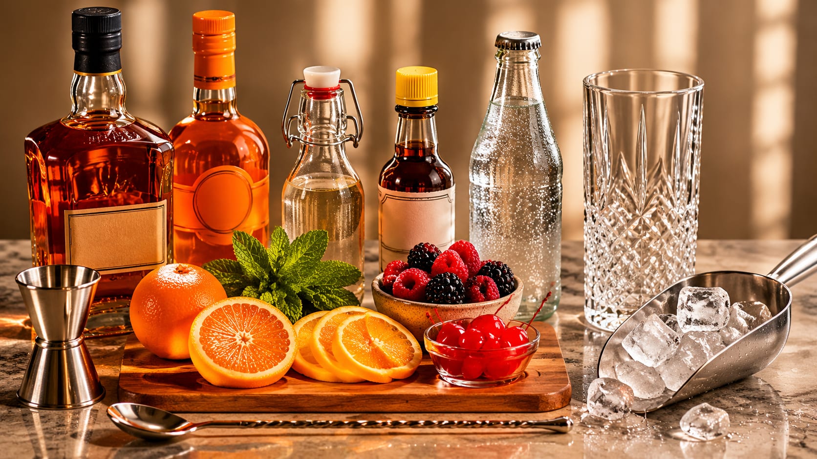 Ingredients and tools to make Whiskey Cobbler