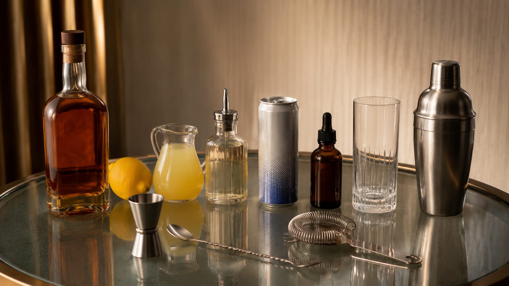 Ingredients and tools to make Whiskey Collins