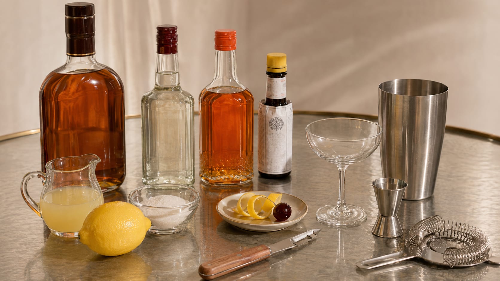Ingredients and tools to make Whiskey Crusta