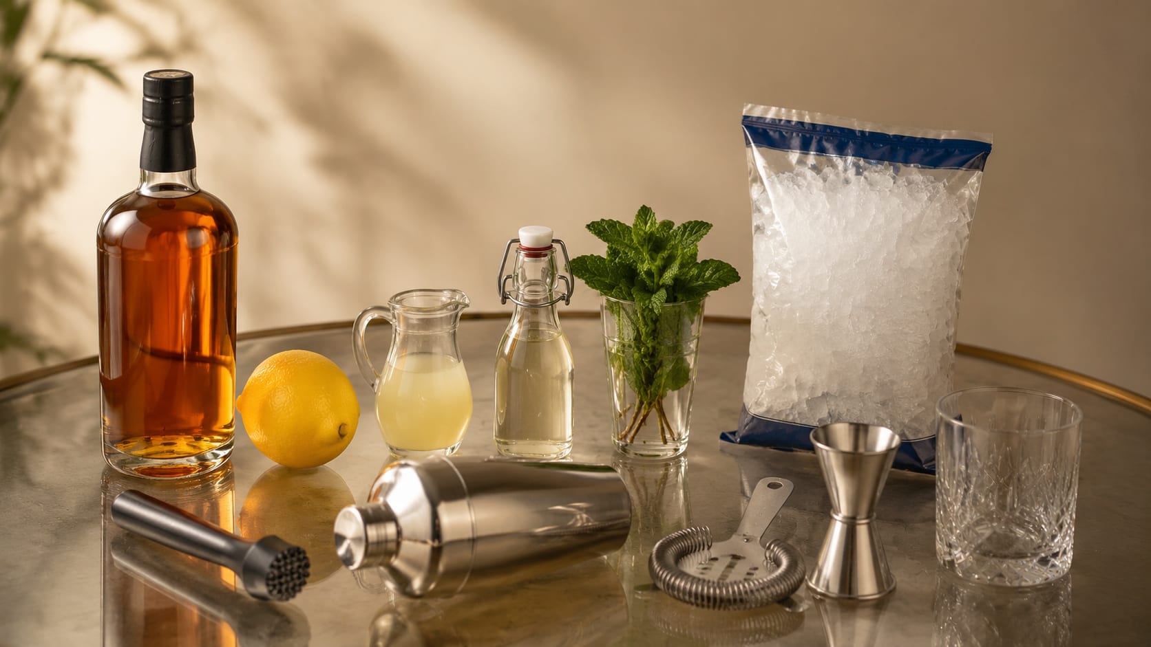 Ingredients and tools to make Whiskey Smash