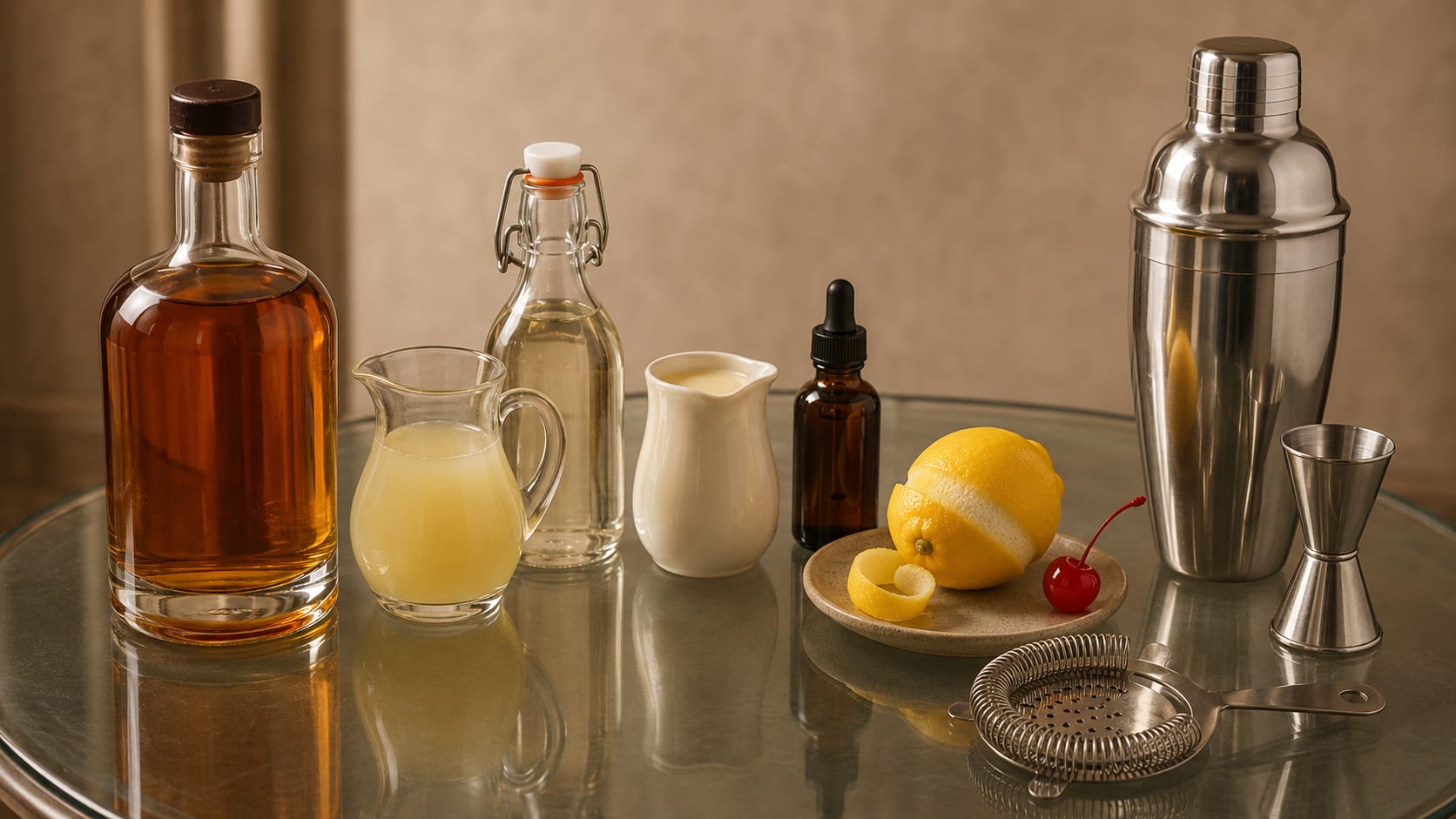 Ingredients and tools to make Whiskey Sour