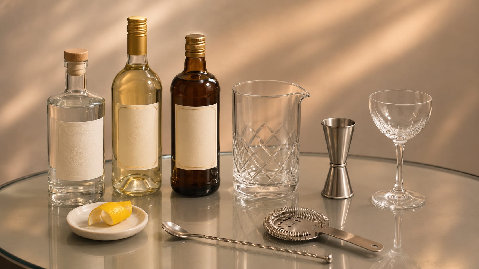 Ingredients and tools to make White Negroni