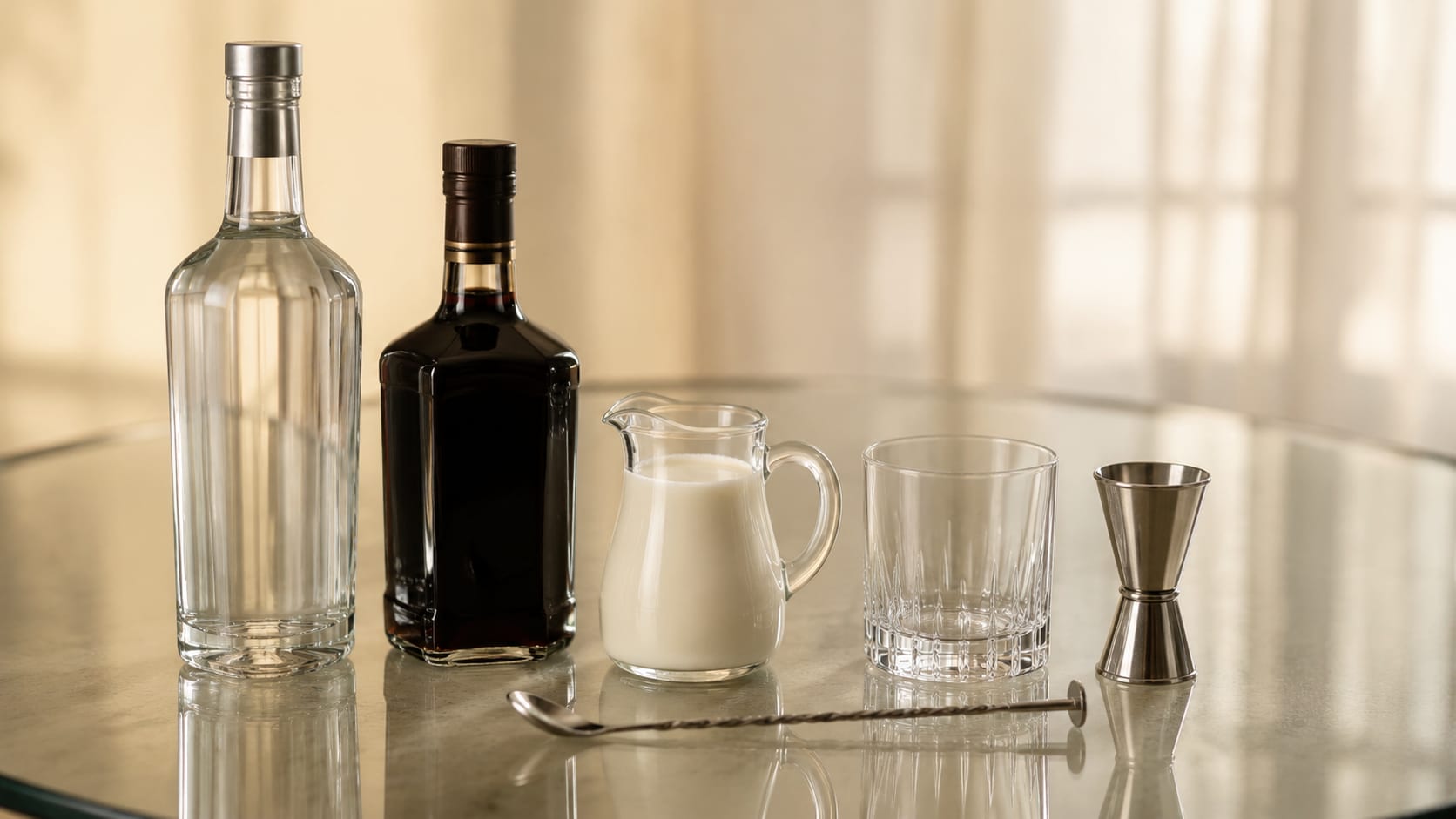 Ingredients and tools to make White Russian